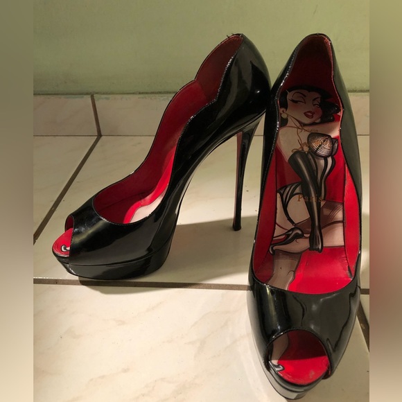 CHRISTIAN LOUBOUTIN $799 6 inch platform Chick Up Black Patent Leather Pumps - Picture 5 of 11